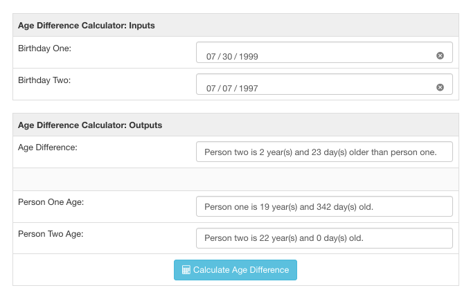 Age difference calculator screenshot for two 