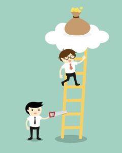 Business concept, Businessman is climbing the ladder for get a bag of money but another business man sawing a ladder. 