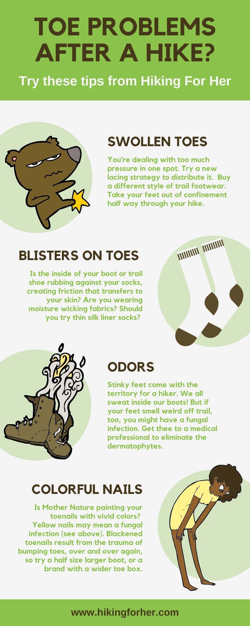 Toe problems after hiking? Hiking For Her shares tips to solve or avoid sore toes. #soretoes #toeproblems #hikingtips #backpackingtips #hikingselfcare #hikingforher